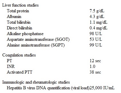 A 34-year-old woman comes to the office due to malaise and jaundice.  The patient was in good health until about 4 weeks ago, when she developed joint pain, fatigue, and a pruritic rash over her trunk and extremities.  The joint pain and rash resolved about a week ago, but the fatigue has persisted.  Two days ago, the patient noticed some yellowish discoloration of the whites of her eyes and began to experience decreased appetite.  However, she has been able to eat and drink without difficulty.  Medical history includes irritable bowel syndrome and allergic rhinitis.  Medications include docusate and intranasal fluticasone.  She does not use any other over-the-counter medications.  Immunization history is unknown.  She is sexually active with 2 male partners and uses condoms inconsistently.  The patient drinks on social occasions and does not use tobacco or illicit drugs.  Temperature is 36.7 C (98 F) , blood pressure is 110/64 mm Hg, and pulse is 68/min.  BMI is 25 kg/m<sup>2</sup>.  Physical examination is notable for moist mucous membranes, scleral icterus, and normal jugular venous pressure.  Heart and lung sounds are normal.  Abdominal examination reveals a palpable liver edge approximately 2 cm below the costal margin without tenderness.  Bowel sounds are normoactive.  The extremities are warm and without edema.  The joints are nontender and without erythema.  Neurologic examination is normal with no asterixis.  The remainder of the physical examination is unremarkable.  Laboratory results are as follows:   Shortly after the initial visit, the patient's hepatitis B viral DNA level is found to be 300,000 IU/mL.  She has returned to the clinic multiple times over the past several weeks since her initial illness.  Today's visit is 6 weeks after her initial presentation.  The patient's anorexia, fatigue, and jaundice have resolved.  Laboratory results are as follows:   What is the most appropriate means of treating this patient's condition? A) Administer hepatitis B vaccine and immunoglobulin B) Initiate treatment with antiviral agents C) Order viral genotype D) Perform liver biopsy E) Repeat laboratory testing in 3 months