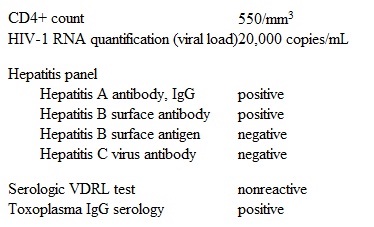 A 34-year-old woman comes to the office to discuss a recent diagnosis of HIV infection.  The patient recently donated blood and later received a letter indicating a positive HIV test.  She has no symptoms besides feeling anxious about the diagnosis.  The patient had an episode of chlamydia cervicitis 5 years ago, and HIV testing was negative at that time.  She has had several sexual partners in her lifetime but has been in a monogamous relationship for the past year.  She drinks 1-2 glasses of wine at social events and does not use tobacco or illicit drugs.  Vital signs are within normal limits.  Physical examination findings are normal.  Laboratory results are as follows:   Which of the following is the most appropriate next step in management of this patient? A) Initiate 3-drug antiretroviral therapy B) Obtain cytomegalovirus serology C) Perform sputum analysis for acid-fast bacilli D) Repeat CD4+ count and viral load in 6 months E) Start prophylactic trimethoprim-sulfamethoxazole