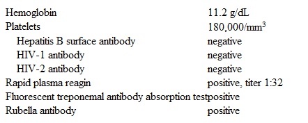 A 24-year-old woman, gravida 1 para 0, comes to the office at 12 weeks gestation for an initial prenatal visit.  She is feeling well and reports no nausea, cramping, or vaginal bleeding.  The patient has no chronic medical conditions and has had no previous surgeries.  She takes a prenatal vitamin daily.  Pap test and sexually transmitted infection screening last year were normal.  Family history is not significant.  She drank 1 or 2 alcoholic beverages a week prior to pregnancy, but does not use tobacco or illicit drugs.  The patient developed a skin rash and difficulty breathing after taking penicillin for streptococcal pharyngitis as a child.  Blood pressure is 110/60 mm Hg and pulse is 78/min.  BMI is 26 kg/m<sup>2</sup>.  Bimanual examination is consistent with a 12-week-sized uterus.  Pelvic ultrasound reveals a singleton intrauterine pregnancy consistent with gestational age.  Fetal heart rate is 160/min.  Laboratory results from this visit are as follows:   Which of the following is the most appropriate treatment for this patient? A) Azithromycin B) Ceftriaxone C) Doxycycline D) Erythromycin E) Penicillin desensitization