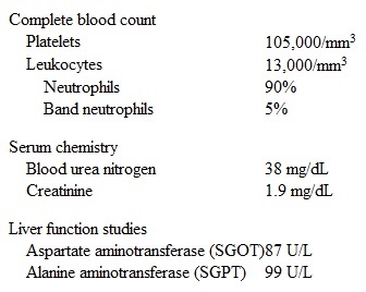 A 25-year-old man is brought to the emergency department due to high-grade fever, chills, myalgias, and skin rash, which started on the day of admission.  He also had nausea and 3 episodes of profuse watery diarrhea and is now feeling lightheaded.  Two days ago, he underwent corrective surgery for a deviated nasal septum but otherwise has no other past medical history.  The patient has not traveled recently and has not been around sick contacts.  He does not use illicit drugs.  His temperature is 39.4 C (103 F) , blood pressure is 85/50 mm Hg, and pulse is 116/min.  Oxygen saturation is 98% on room air.  He is lethargic but has no focal weakness or nuchal rigidity.  Examination shows clear lung fields and tachycardia with normal first and second heart sounds.  The abdomen is soft and nontender.  There is nasal packing in both nostrils.  Skin examination shows a diffuse, red, macular rash that also involves the palms and soles.   Blood cultures are sent. Which of the following is the most important next step in the treatment of this patient?  A) Dobutamine infusion  B) Epinephrine injection and antihistamines  C) Intravenous fluid infusion and antibiotic therapy  D) Intravenous fluid infusion and high-dose corticosteroids  E) Polyclonal human immunoglobulin
