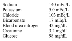 A 74-year-old woman is brought to the emergency department with fever, chills, and shortness of breath.  Two days ago, she choked while having tea and doughnuts and almost lost consciousness.  Her son performed the Heimlich maneuver.  The patient has advanced Alzheimer dementia, and her son is her health care proxy and primary caregiver; her 73-year-old husband also participates in her care.  Her other medical problems include hypertension, hyperlipidemia, coronary heart disease, ischemic stroke with mild residual right hemiparesis, history of heme-positive stools, and urine incontinence.  She is allergic to penicillin (anaphylaxis) .  Her temperature is 38.9 C (102 F) , blood pressure is 120/80 mm Hg, pulse is 92/min, and respirations are 24/min.  Pulse oxymetry shows 89% on room air and 94% on 40% facemask oxygen.  Auscultation of the chest shows crackles at the right lung base.  The heart sounds are regular.  There is no jugular venous distension.  The abdomen is soft, nontender, and nondistended.  There is no peripheral edema.  Laboratory results are as follows:   A portable chest x-ray shows a right lower-lobe infiltrate. During the night, the patient deteriorates and becomes more hypoxic, requiring 100% oxygen by facemask.  Her son refuses to have her intubated.  She has several episodes of hypotension.  Aggressive intravenous fluid therapy is given, and a Foley catheter is placed.  Her blood pressure normalizes.  Over the course of the next 12 hours, her urine output drops to 5 mL/hr.  On the 4th day of hospitalization, her temperature is 37.3 C (99.1 F) , blood pressure is 122/70 mm Hg, and pulse is 78/min.  Despite receiving intravenous fluids, her urine output remains low.  Laboratory results are as follows:   Further evaluation of this patient would most likely show which of the following? A) Decreased fractional excretion of sodium B) Distension of the renal pelvis C) Eosinophils in peripheral smear and urine D) Muddy brown casts on urinalysis E) Red blood cell casts on urine sediment