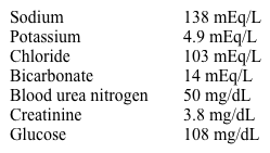A 74-year-old woman is brought to the emergency department with fever, chills, and shortness of breath.  Two days ago, she choked while having tea and doughnuts and almost lost consciousness.  Her son performed the Heimlich maneuver.  The patient has advanced Alzheimer dementia, and her son is her health care proxy and primary caregiver; her 73-year-old husband also participates in her care.  Her other medical problems include hypertension, hyperlipidemia, coronary heart disease, ischemic stroke with mild residual right hemiparesis, history of heme-positive stools, and urine incontinence.  She is allergic to penicillin (anaphylaxis) .  Her temperature is 38.9 C (102 F) , blood pressure is 120/80 mm Hg, pulse is 92/min, and respirations are 24/min.  Pulse oxymetry shows 89% on room air and 94% on 40% facemask oxygen.  Auscultation of the chest shows crackles at the right lung base.  The heart sounds are regular.  There is no jugular venous distension.  The abdomen is soft, nontender, and nondistended.  There is no peripheral edema.  Laboratory results are as follows:   A portable chest x-ray shows a right lower-lobe infiltrate. During the last 4 days of hospitalization, the patient has received 6 L of 0.9% saline.  Her urine output has been 400 mL in the last 24 hours.  She has been afebrile for the past 2 days.  Her blood cultures are negative, and her urine culture grew budding yeast.  The patient is currently receiving 150 mL/hr of 0.9% saline, nasogastric tube feedings, and antibiotics.  Her temperature is 36.7 C (98 F) , blood pressure is 140/70 mm Hg, pulse is 82/min, respirations are 18/min, and oxygen saturation is 96% on 2 L O<sub>2</sub> by nasal cannula.  Her mucous membranes are moist.  The lungs still have crackles at the right base.  There is no pericardial rub, peripheral edema, or asterixis.  The results of her recent basic metabolic panel are as follows:   An ECG shows no abnormal intervals and no peaked T waves. What is the most appropriate course of action at this time? A) Arrange for urgent dialysis B) Give a dose of intravenous furosemide C) Start fluconazole for the candiduria D) Stop intravenous saline E) Switch the saline to intravenous albumin