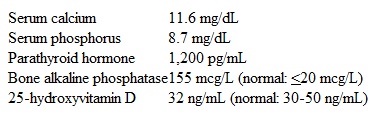 A 48-year-old man comes to the office for intractable lower extremity bone pain.  He has end-stage renal disease due to focal segmental glomerulosclerosis and has been on hemodialysis 3 times a week for the past 4 years.  Approximately 3 months ago, adjustments in his medications and hemodialysis regimens were made after the patient was found to have high serum calcium, phosphorus, and parathyroid hormone levels; however, these adjustments did not lead to any significant improvements in laboratory values.  Temperature is 36.9 C (98.4 F) , blood pressure is 190/100 mm Hg, and pulse is 88/min.  Oral examination shows pallor of the mucous membranes.  Lungs have decreased sounds at both bases.  Cardiovascular examination shows a 2/6 systolic ejection murmur at the left upper sternal border and a palpable thrill over an arteriovenous fistula in the left forearm.  Laboratory results are as follows:   Chest x-ray reveals cardiomegaly with calcification of the ascending aorta.  Which of the following treatments would be most beneficial for this patient's current condition? A) Bisphosphonate B) Intravenous hydration C) Parathyroidectomy D) Renal transplantation E) Switching to peritoneal dialysis