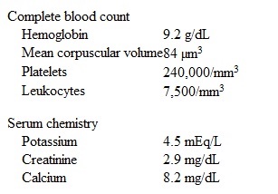 A 62-year-old woman comes to the office due to fatigue and lethargy over the last 6 months.  She has a history of chronic kidney disease due to long-standing type 2 diabetes mellitus and hypertension.  Temperature is 36.7 C (98 F) , blood pressure is 140/90 mm Hg, pulse is 84/min, and respirations are 16/min.  There is conjunctival pallor.  The lung fields are clear, and no murmurs are heard on cardiac examination.  The abdomen is nontender.  Test of the stool for occult blood is negative.  Laboratory results are as follows:   Which of the following is the best next step in management of this patient's anemia? A) Evaluate iron stores B) Obtain bone marrow biopsy C) Obtain serum protein electrophoresis D) Start erythropoietin therapy E) Supplement folate and vitamin B<sub>12</sub>