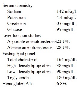 A 55-year-old man comes to the office for a routine checkup.  The patient was diagnosed with type 2 diabetes mellitus 3 years ago, and treatment was initiated with metformin and lifestyle modification.  Liraglutide was added to his medical regimen a year ago due to inadequate glycemic control.  The patient reports no symptoms other than the occasional  feelings of low blood sugar  when he skips a meal.  Blood glucose readings during those episodes have been 60-70 mg/dL.  He also takes atorvastatin for hyperlipidemia and low-dose aspirin.  The patient smoked a pack of cigarettes daily for 30 years but quit when he was diagnosed with diabetes.  He does not use alcohol or recreational drugs.  Blood pressure is 128/80 mm Hg, pulse is 76/min, and respirations are 14/min.  BMI is 27.5 kg/m<sup>2</sup>.  Physical examination shows normal heart and lung sounds and normal pulses in the extremities.  There are no lower extremity ulcers or calluses, and vibration and sensory function is intact.  Pressure testing with a 10-g monofilament is normal.  Laboratory results are as follows:   Urinalysis is negative for protein, glucose, cells, or casts, and ECG shows no abnormalities.  Which of the following is the most appropriate next step in management of this patient? A) Begin lisinopril B) Check urine albumin/creatinine ratio C) Discontinue liraglutide D) Initiate niacin E) Perform exercise stress testing