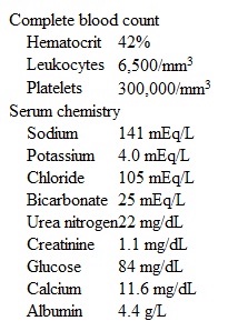 A 22-year-old man comes to the office to discuss laboratory test results.  He is a competitive cross-country skier and is required to have periodic blood testing to comply with international rules.  The patient feels well except for occasional heartburn for which he takes antacids.  He trains strenuously on a regular basis and is on a very high protein diet.  The patient's medical history is unremarkable except for a concussion at age 17; at that time, his serum calcium was noted to be borderline high, but the patient did not follow up with his physician after discharge from the hospital.  His father was also found to have hypercalcemia at a young age but has not required any specific treatment and is otherwise healthy.  The patient takes no prescription medications and does not use tobacco, alcohol, or illicit drugs.  Laboratory results are as follows:   Which of the following clinical findings is most likely present in this patient? A) Chvostek sign B) Hyperreflexia C) Normal examination findings D) Palpable neck mass E) Peripheral vision loss