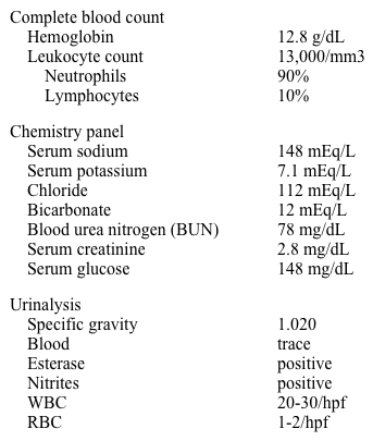 A 74-year-old woman comes to the emergency department because of an episode of syncope.  She has generalized weakness, fever, nausea, dysuria, and urinary frequency.  She has a 3-day history of decreased oral intake.  She lives alone at home.  She does not use tobacco, alcohol, or drugs.  Her medications include aspirin, lisinopril, and ibuprofen.  Her blood pressure is 102/45 mm Hg and pulse is 48/min.  Examination shows dry mucus membranes.  The abdomen is mildly tender, soft, and non-distended.  Cardiac and lung exam show no abnormalities.  The lab studies show:   An ECG shows a rate of 48/min, a regular rhythm, wide QRS complexes, and absent P waves.  Which of the following is the most appropriate next step in management? A) Intravenous amiodarone B) Intravenous calcium gluconate C) Intravenous dobutamine D) Intravenous sodium bicarbonate E) Transvenous pacemaker