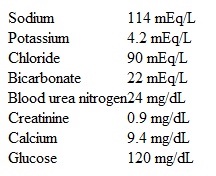 A 66-year-old hospitalized man is evaluated after an episode of generalized tonic-clonic seizure.  The patient has no previous history of seizure.  He underwent right hemicolectomy for cecal adenocarcinoma the previous day.  Postoperatively, the patient had hypotensive episodes, which responded to fluid resuscitation.  He has been receiving intravenous infusion of 5% dextrose with 0.45% saline.  He is also receiving morphine via a patient-controlled device.  On physical examination, he is postictal.  Temperature is 36.7 C (98 F) , blood pressure is 112/60 mm Hg, pulse is 68/min, and respirations are 12/min.  Pulse oximetry shows 96% on room air.  Laboratory results are as follows:   Which of the following is the most appropriate next step in management of this patient? A) Fluid restriction B) Intravenous hypertonic saline C) Intravenous lactated Ringer solution D) Intravenous naloxone E) Intravenous normal saline