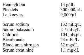A 64-year-old man comes to the emergency department due to 2 days of nausea, vomiting, and abdominal distension.  The patient has no abdominal pain.  He has hypertension, hypercholesterolemia, coronary artery disease, and congestive heart failure.  The patient also has chronic back pain due to a compression fracture 6 months ago.  Medications include aspirin, oxycodone, furosemide, losartan, vitamin D, calcium gluconate, and simvastatin.  Temperature is 36.7 C (98 F) , blood pressure is 130/70 mm Hg, and pulse is 92/min.  The abdomen is distended but soft and nontender.  There is no rebound tenderness or rigidity.  Bowel sounds are decreased.  There is 1+ peripheral edema.  Laboratory results are as follows:   An electrocardiogram (ECG)  shows normal sinus rhythm.  Abdominal x-rays show diffuse bowel distension with a gas pattern in the colon and rectum.  Which of the following is the most appropriate next step in management of this patient? A) Intravenous antibiotics B) Intravenous potassium C) Methylnaltrexone D) Spironolactone E) Stat abdominal CT scan