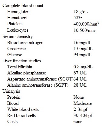 A 55-year-old man comes to the office for a medical evaluation for life insurance.  The patient feels well and has no chronic health issues.  He takes no prescription medications but recently began taking over-the-counter supplements, which have improved his energy level.  The patient has smoked a pack of cigarettes a day for 30 years but is trying to cut down.  He drinks alcohol occasionally and does not use illicit drugs.  Family history is notable for non-Hodgkin lymphoma in his brother.  Temperature is 37 C (98.6 F) , blood pressure is 140/90 mm Hg, pulse is 80/min, and oxygen saturation is 99% on ambient air.  The patient's complexion is ruddy.  There are no skin rashes or mucosal lesions.  The lungs are clear to auscultation and heart sounds are normal.  The abdomen is soft and nontender with no hepatosplenomegaly.  Laboratory results are as follows:   Imaging studies reveal a complex cystic mass with enhancing soft-tissue components and thick, irregular septa in the right kidney.  Which of the following is the best intervention for this patient's current renal condition? A) No further intervention required B) Referral for right nephrectomy C) Strict blood pressure control with ACE inhibitors D) Surveillance with periodic imaging E) Testing for PKD gene mutation