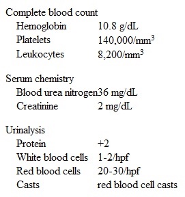 A 32-year-old woman with systemic lupus erythematosus comes to the office for a follow-up visit.  The patient was diagnosed with lupus 3 years ago during evaluation of a skin rash and joint pain, and her symptoms have been well controlled with hydroxychloroquine.  She takes no other medications, has no other medical conditions, and does not use tobacco, alcohol, or illicit drugs.  Blood pressure is 150/90 mm Hg and was normal during previous office visits.  Temperature is 37.2 C (99 F) , pulse is 78/min, and respirations are 14/min.  There is a faint malar rash but no mucosal ulcers, joint tenderness, or swelling.  The lungs are clear on auscultation and heart sounds are normal with no murmur, rub, or gallop.  The abdomen is soft and nontender with no hepatosplenomegaly.  There is mild pitting edema of the bilateral lower extremities.  Neurologic examination shows no abnormalities.  Laboratory results are as follows:   The patient's serum chemistry and urinalysis were within normal limits 2 months ago.  Renal ultrasonography shows normal-sized kidneys with no hydronephrosis. <strong>Item 1 of 2</strong> Which of the following is the best next step in management of this patient? A) Advise antihypertensive therapy and close observation B) Discontinue hydroxychloroquine and repeat laboratory studies C) Perform ultrasonography-guided renal biopsy D) Prescribe slow-tapering oral glucocorticoid therapy E) Recommend intensive immunosuppressive therapy