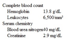 A 60-year-old man comes to the emergency department due to severe abdominal pain and an inability to void urine for the past 18 hours.  The patient has a year-long history of urinary hesitancy and a weak urinary stream but has always been able to urinate prior to today.  He has not had fever, chills, dysuria, or recent genitourinary trauma or procedures.  The patient also has a history of chronic arthritis of the lumbar spine and was recently prescribed baclofen, which has provided some pain relief.  He does not use tobacco, alcohol, or illicit drugs.  Temperature is 36.5 C (97.7 F) , blood pressure is 145/90 mm Hg, pulse is 95/min, and respirations are 18/min.  The patient appears restless and in moderate distress.  Abdominal examination reveals suprapubic fullness and moderate tenderness to palpation with no guarding or rebound tenderness.  An enlarged, smooth, nontender prostate is palpated by digital rectal examination; no masses or fecal impaction are present.  There is no tenderness to palpation of the lower back.  Abbreviated testing of strength and sensory function is normal.  Laboratory results are as follows:   What is the best next step in management of this patient? A) Infusion of intravenous fluid B) Observation with repeated voiding trials C) Suprapubic bladder aspiration for microscopy and culture D) Suprapubic catheterization E) Urethral catheterization