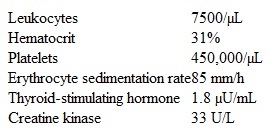A 70-year-old man comes to the physician for pain and stiffness of his neck, shoulders, and hips for the last 3 months.  His stiffness is worse in the morning and lasts 1-2 hours.  He also complains of general malaise and a recent weight loss of 3.17 kg (7 lb) .  The patient has no headache, scalp tenderness, visual symptoms, or jaw claudication.  Examination shows no overt synovitis at the joints, with normal passive range of motion.  The arteries of the scalp, neck, and extremities are normal on palpation without any tenderness.  Laboratory results are as follows:   Which of the following is the most appropriate next step in management of this patient? A) Measurement of antinuclear antibodies and rheumatoid factor levels B) Temporal artery biopsy C) Treatment with high-dose prednisone D) Treatment with low-dose prednisone E) Treatment with nonsteroidal anti-inflammatory drug