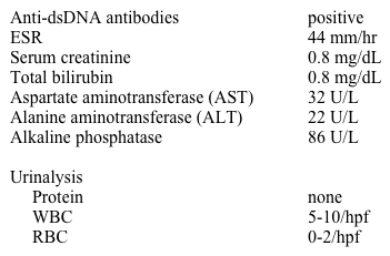 A previously healthy 28-year-old Caucasian woman comes to the physician because of fatigue, arthralgias, and chest pain over the past 6 months.  She has had a 2.3-kg (5-lb)  weight loss during this period.  She denies any recent travel or sick contacts.  Her past medical history is insignificant.  She takes no medications and has no known drug allergies.  She is sexually active and uses condoms for contraception.  She has never been pregnant.  She does not use tobacco, alcohol, or drugs.  Her mother has rheumatoid arthritis.  Her temperature is 37.2 C (99 F) , blood pressure is 122/77 mm Hg, and pulse is 78/min.  Physical examination shows a faint facial rash.  The lungs are clear to auscultation with mildly decreased breath sounds at the left lung base.  The abdomen is soft and non-tender.  There is no organomegaly.  There is no peripheral edema.  Neurologic examination is unremarkable.   The patient returns one week after the initial visit.  Her laboratory work-up shows the following additional findings:   An x-ray film of the chest shows a mild, left-sided pleural effusion.  Which of the following is the most appropriate next step in management? A) Prednisone and cyclophosphamide B) Prednisone and hydroxychloroquine C) Prednisone and methotrexate D) Rituximab E) TNF-alpha receptor inhibitors