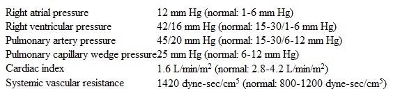 An 80-year-old man is admitted to the cardiac care unit after a complicated percutaneous coronary intervention procedure.  He has chest discomfort and shortness of breath.  The patient's blood pressure is 82/50 mm Hg and pulse is 114/min and regular.  Hemodynamic readings from the pulmonary artery catheter are shown below.   Which of the following is the most likely cause of this patient's hypotension? A) Early stages of septic shock B) Impaired myocardial contractility C) Pericardial tamponade D) Pulmonary embolism E) Retroperitoneal bleeding