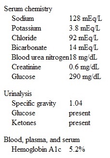 An 8-year-old boy is brought to the emergency department after 3 days of vomiting, diarrhea, and high fevers.  He has had no changes in weight, urine output, or oral intake.  The patient has mild persistent asthma for which he takes inhaled fluticasone twice daily and inhaled albuterol as needed.  His family history includes a maternal grandmother with type 2 diabetes mellitus.  Temperature is 39.4 C (103 F) , blood pressure is 70/30 mm Hg, pulse is 176/min, and respirations are 34/min.  BMI is 20 kg/m<sup>2</sup>.  Examination shows a sleepy-appearing child with dry mucous membranes, prolonged capillary refill, hyperactive bowel sounds, and soft and nontender abdomen.  Initial laboratory results are as follows:   Which of the following is the most likely explanation for this patient's hyperglycemia? A) Cushing's syndrome B) Inhaled corticosteroid use C) Stress hyperglycemia D) Type 1 diabetes mellitus E) Type 2 diabetes mellitus