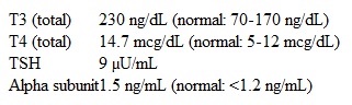 A 36-year-old woman comes to the office due to a 3-month history of palpitations and restlessness.  In addition, she has had irregular menstrual periods for the last 6 months, and her last menstrual period was 45 days ago.  The patient has a normal appetite and has had no weight change, headaches, swelling, shortness of breath, diaphoresis, or muscle weakness.  She takes no prescription medications, and medical history is notable only for laparoscopic excision of a benign ovarian cyst at age 28.  Family history is unremarkable.  She works as a laboratory technician at a community hospital and does not use tobacco, alcohol, or illicit drugs.  The patient is single and not sexually active.  Temperature is 36.1 C (97 F) , blood pressure is 140/70 mm Hg, pulse is 100/min, and respirations are 22/min.  Pupils are normal and reactive to light with intact extraocular movements, no proptosis, and mild lid lag.  The thyroid is easily palpable, nontender, and has no nodules.  The extremities are warm to the touch and there is a slight tremor in the outstretched hands.  Laboratory results are as follows:   Which of the following is the most likely cause of this patient's thyroid abnormalities? A) The patient has a TSH-secreting pituitary adenoma B) The patient has increased levels of serum thyroxine-binding globulin C) The patient has thyroid hormone resistance syndrome D) The patient is pregnant, and these are normal changes during pregnancy E) The patient is surreptitiously taking thyroid hormone supplements