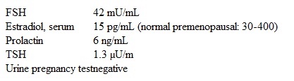 A 30-year-old nulliparous woman comes to the office due to amenorrhea.  Shortly after menarche at age 15, the patient began taking combined estrogen/progestin oral contraceptives for irregular menstrual cycles.  While she was using contraception, her menstrual periods occurred every 28 days and consisted of 3-4 days of light bleeding.  The patient stopped using contraception a year ago to conceive, and since then has not had a menstrual period.  She has hot flashes several times a day and often awakens at night with profuse sweating.  The patient has no chronic medical conditions and has had no previous surgeries.  She takes a daily multivitamin and acetaminophen occasionally for headaches.  Her sister (age 40)  has 2 children and has regular monthly menses.  Blood pressure is 110/70 mm Hg, weight is 65 kg (143.3 lb) , and height is 152.5 cm (5 ft) .  Laboratory results are as follows:   Pelvic ultrasound shows a normal uterus with a thin endometrial stripe and small ovaries bilaterally.  Which of the following is the best next step in diagnosis of this patient's condition? A) Endometrial biopsy B) Karyotype analysis C) MRI of the head D) MRI of the pelvis E) Operative hysteroscopy