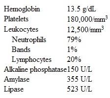 A 53-year-old man comes to the emergency department due to sudden onset of nausea, vomiting, and severe epigastric pain radiating to the back.  He has no constipation, diarrhea, or black stools.  His medical history includes epilepsy, hypertension, and depression.  The patient was recently treated for cellulitis.  He does not use tobacco, alcohol, or illicit drugs.  Temperature is 37.8 C (100 F) , blood pressure is 130/80 mm Hg, pulse is 118/min, and respirations are 20/min.  The abdomen is tender in the epigastric region.  Laboratory results are as follows:   Which of the following is the most likely cause of this patient's symptoms? A) Amlodipine B) Cephalexin C) Chlorthalidone D) Fluoxetine E) Metoprolol