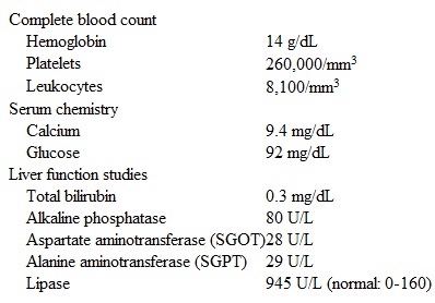 A 34-year-old woman comes to the emergency department due to a 12-hour history of sudden-onset, upper abdominal pain.  She describes the pain as intense, constant, and radiating to the back.  The pain is relieved by leaning forward and worsens with eating.  The patient also reports nausea and has vomited several times.  She has no previous episodes of abdominal pain, fever, chills, weight loss, fatigue, or night sweats.  The patient has no known medical conditions and takes no prescription or over-the-counter medications.  She does not use alcohol, tobacco, or illicit drugs.  Her last menstrual period was 2 weeks ago and was normal.  The patient is sexually active with a male partner and uses condoms.  Temperature is 36.7 C (98.1 F) , blood pressure is 134/72 mm Hg, pulse is 72/min, and respirations are 14/min.  BMI is 24 kg/m<sup>2</sup>.  Physical examination shows moist mucous membranes and anicteric sclera.  Lung fields are clear, and S1 and S2 are normal.  The abdomen is soft and tender in the upper abdomen but without rebound, involuntary guarding, or rigidity.  Bowel sounds are normal.  Neither hepatomegaly nor splenomegaly is present.  Bimanual examination reveals no adnexal masses or tenderness.  Neurologic examination is within normal limits. Laboratory results are as follows:   Pregnancy testing is negative.  Abdominal ultrasound reveals a normal-appearing gallbladder and a nondilated biliary tree.  The patient is admitted to the hospital; intravenous fluid, antiemetics, and pain medications are started.  Which of the following is the best next step in management of this patient? A) Endoscopic retrograde cholangiopancreatography B) Intravenous antibiotics C) Lipid panel D) MR cholangiopancreatography E) Stool microscopy and culture