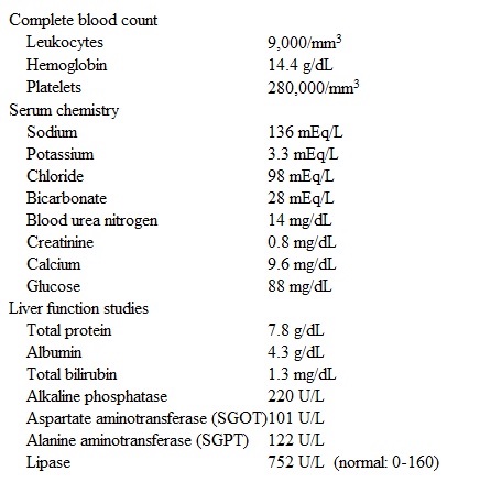 A 43-year-old woman comes to the emergency department due to midepigastric abdominal pain.  The pain is sharp, radiates to her back, and is accompanied by nausea, vomiting, and malaise.  Her symptoms started approximately 24 hours earlier.  For the past 6 months she has had intermittent, colicky abdominal pain that occurs after meals.  The patient's medical problems include hypertension, depression, and recurrent urinary tract infections.  Medications include lisinopril, amlodipine, and fluoxetine.  She has no known drug allergies and does not use tobacco, alcohol, or illicit drugs.  Family history is notable for ovarian cancer in her mother.  Temperature is 37.1 C (98.8 F) , blood pressure is 146/92 mm Hg, pulse is 85/min, and respirations are 14/min.  Physical examination reveals moist mucous membranes, no lymphadenopathy, clear lung fields, and normal S1 and S2.  The abdomen is soft and tender in the midepigastrium without rigidity or rebound tenderness.  Bowel sounds are normoactive.  The remainder of the examination is normal.  Laboratory results are as follows:   The patient is hospitalized and treated with supportive care.  Abdominal ultrasound reveals multiple gallstones that are 3-5 mm in diameter, but no abnormalities are seen in the common bile duct.  Lipid panel shows triglycerides of 150 mg/dL.  On the third day of hospitalization, the patient is symptom-free, she tolerates oral feeding, and liver enzymes have normalized.  Which of the following treatment options is most appropriate to prevent further episodes of pancreatitis? A) Cholecystectomy during this hospital admission B) Cholecystectomy in 6-8 weeks C) Endoscopic retrograde cholangiopancreatography with sphincterotomy D) Low-fat diet and routine outpatient follow-up E) Oral ursodeoxycholic acid for 6 months