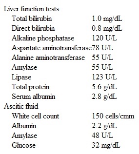 A 52-year-old woman is hospitalized because of shortness of breath on exertion, abdominal distention, and a 25-pound weight loss in the past three months.  The symptoms have been progressively getting worse over the past four weeks.  Her other medical problems include chronic obstructive pulmonary disease, coronary artery disease, cholelithiasis, and hepatitis-C.  She has smoked two packs of cigarettes daily for 30 years.  She has drunk four to six 12-ounce beers daily for >20 years.  Her mother has a history of breast cancer.  Her vital signs are within normal limits.  Physical examination is unremarkable except for the presence of massive ascites on abdominal examination.  Diagnostic paracentesis and serum chemistries reveal:   Which of the following is the most likely cause of the ascites? A) Ovarian cancer B) Congestive heart failure C) Hepatic cirrhosis D) Budd-Chiari syndrome E) Alcoholic hepatitis