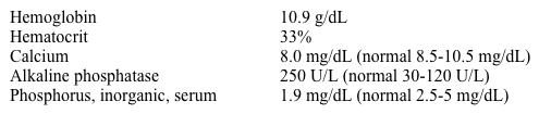 A 25-year-old woman comes to the physician with 2 months of progressively increasing pain in both lower extremities.  The pain is localized over both shins and is worse with ambulation.  She reports a 2-kg (4.5-lb)  weight loss, but no fever, night sweats, chest pain, or abdominal pain.  Her past medical history is unremarkable and she is currently on no medications.  Family history is significant for a mother and sister with hypothyroidism.  The patient has a 5-pack-year smoking history and drinks 2 glasses of beer on weekends.  She has a nutritious diet with regular intake of vegetables, meats, whole-grain foods, and dairy products.  Examination shows tenderness at both shins and vitiligo over her back. Laboratory results are as follows:   The red blood cells are hypochromic and microcytic.  Basic metabolic chemistry panel is otherwise normal.  The serum ferritin level is low.  Plasma 25-hydroxy vitamin D level is undetectable.  Which of the following blood tests is likely to indicate the diagnosis? A) Anti-tissue transglutaminase antibody B) Bone-specific alkaline phosphatase C) Serum 1,25-dihydroxyvitamin D D) Serum parathyroid hormone E) Serum protein electrophoresis