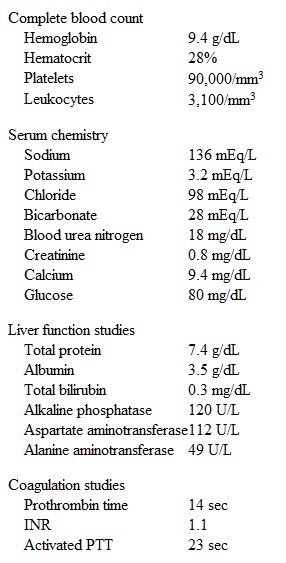 A 55-year-old man comes to the emergency department due to blood-tinged vomiting.  The patient was at a party the evening prior to presentation and consumed a large quantity of alcohol.  After leaving, he developed symptoms of nausea and retching, followed by vomiting several hours later.  The emesis was initially clear but then became intermixed with small amounts of blood.  He has no abdominal pain, weight loss, or changes in stool.  The patient has a history of alcoholism and was admitted for acute pancreatitis a few months ago.  He currently takes no medications or over-the-counter supplements.  The patient drinks 4 or 5 beers daily but does not use tobacco or illicit drugs.  Temperature is 36.7 C (98.1 F) , pulse is 88/min, and respirations are 16/min.  Physical examination shows dry mucous membranes, flat jugular veins, clear lung fields, and normal S1 and S2.  The abdomen is soft and tender in the midepigastrium with no rebound tenderness or rigidity.  Bowel sounds are normal.  There is moderate splenomegaly without hepatomegaly.  No edema is present.  Laboratory results are as follows:   The patient undergoes an esophagogastroduodenoscopy that reveals several small, erythematous erosions at the gastroesophageal junction as well as hyperemia and petechiae throughout the gastric mucosa.  Incidentally, varices are seen in the fundus of the stomach but no esophageal varices are seen.  Which of the following is the most likely cause of this patient's varices? A) Budd-Chiari syndrome B) Constrictive pericarditis C) Hepatic veno-occlusive disease D) Portal vein thrombosis E) Splenic vein thrombosis