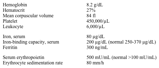 A 48-year-old woman complains of persistent fatigue and daytime sleepiness.  Her other medical problems include hypertension and rheumatoid arthritis.  Her medications include naproxen, enalapril, and a multivitamin supplement with iron.  She has no known drug allergies.  Vital signs are within normal limits.  Examination shows conjunctival pallor and bilateral hand joint deformities with tenderness to palpation at metacarpophalangeal joints.  Stool testing for occult blood is negative. Laboratory results are as follows:   Which of the following would be the most appropriate next step in managing this patient's anemia? A) Folinic acid B) Infliximab C) Intravenous iron D) Plasmapheresis E) Splenectomy