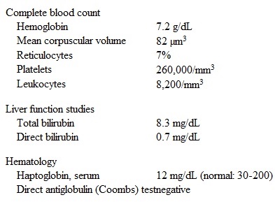 A 5-year-old boy is brought to an urgent care center due to fatigue.  His mother says,  Normally, my son is running and jumping, but for the past week he has been resting on the couch and sleeping more than usual.  His eyes also look a bit yellow.   He has had no fevers, vomiting, or difficulty breathing.  A week ago, the patient had a skin infection that resolved after treatment with oral antibiotics.  Review of medical records shows a normal hemoglobin screening at his 1-year well-child visit.  Family history is significant for a maternal uncle who had several similar episodes of tiredness and jaundice.  Physical examination reveals a tired-appearing boy lying on the examination table watching television.  His neck is supple without lymphadenopathy, and scleral icterus and mild jaundice are present.  His cardiac and abdominal examinations are normal.  Laboratory results are as follows:   Peripheral blood smear is notable for red blood cell fragments and intracellular deposits of denatured hemoglobin.  Which of the following is the next best step in the diagnostic workup for this patient? A) Bone marrow biopsy B) Cold agglutinin titer C) Glucose-6-phosphate dehydrogenase assay D) Hemoglobin electrophoresis E) Osmotic fragility testing