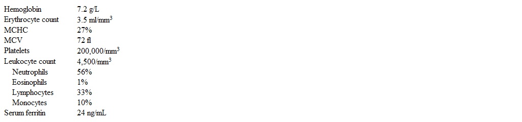 A 55-year-old Caucasian male presents to your office complaining of easy fatigability.  He used to be physically active and always preferred to walk to work, which is five blocks away from where he lives.  Now he says,  Doc, I get short of breath when I walk even two blocks.   He denies any palpitations, chest pain, cough, or lower extremity swelling.  He does not feel down and has no problems with sleep.  His past medical history is insignificant.  He is currently not taking any medications.  His blood pressure is 120/70 mm Hg and heart rate is 95/min.  The physical examination is significant for pallor of the conjunctivae and oral mucosa.  His laboratory values are:   Blood smear analysis shows microcytic erythrocytes with anisocytosis.  What is the best next step in the management of this patient? A) Direct Coombs test B) Fecal occult blood test C) Hemoglobin electrophoresis D) Rheumatoid factor E) Serum B12 and folate levels