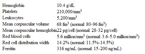 A 26-year-old woman, gravida 1 para 0, comes to the office to initiate prenatal care.  The patient has had no nausea, abdominal pain, or vaginal bleeding since her last menstrual period 8 weeks ago.  She has no chronic medical conditions.  She had an appendectomy as a child but no other surgery.  The patient takes a daily prenatal vitamin and does not use tobacco, alcohol, or illicit drugs.  She is a vegetarian and emigrated from Southeast Asia 5 years ago.  Blood pressure is 110/75 mm Hg and pulse is 80/min.  BMI is 21 kg/m<sup>2</sup>.  Pelvic examination reveals an 8-week-sized, nontender uterus and no adnexal masses or tenderness.  Laboratory results are as follows:   A transvaginal ultrasound reveals an 8-week intrauterine gestation with a normal heartbeat.  Which of the following is the most likely cause of this patient's anemia? A)Folate deficiency B)Glucose-6-phosphate dehydrogenase deficiency C)Iron deficiency D)Physiologic anemia of pregnancy E)Thalassemia trait