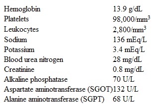 A 43-year-old man comes to the hospital with 2 days of persistent fever, headache, malaise, and intense muscle and joint pain.  He has been taking ibuprofen, which provides only mild relief.  The patient frequently travels internationally for business and returned from India a week ago.  He received appropriate vaccinations prior to travel, took all advised prophylactic medications, and consumed bottled water during the trip.  His temperature is 38.9 C (102 F) , blood pressure is 110/70 mm Hg, and pulse is 98/min.  After an inflated sphygmomanometer cuff is on his arm for a few minutes, he develops severe petechiae; however, he has no other skin rash.  He has mild cervical lymphadenopathy.  There are no heart murmurs.  Lungs are clear to auscultation.  The abdomen is nontender, and the liver is palpated 3 cm below the costal margin.  Laboratory results are as follows:   For which of the following is this patient at greatest risk? A) Cerebral edema B) Circulatory collapse C) Intestinal perforation D) Jaundice and renal failure E) Spleen injury