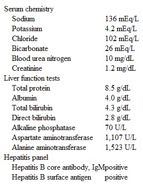 A 33-year-old man with no prior medical history comes to the emergency department due to abdominal discomfort that began 24 hours ago.  He describes the discomfort as a dull ache in his abdomen that is accompanied by nausea and malaise.  Approximately 3 weeks ago, he abruptly developed pain in his hands, ankles, and knees.  This was quickly followed by a pruritic rash that initially involved only his lower abdomen but then spread to his entire trunk and extremities.  He also had low-grade fevers over the same period.  He has had no recent travel or insect bites but reports using intravenous heroin over the last year.  Temperature is 38.3 C (100.9 F) , blood pressure is 120/70 mm Hg, pulse is 92/min, and respirations are 14/min.  Examination shows moist mucous membranes and poor dentition with no lesions in the oropharynx.  Lung fields are clear with normal S1 and S2.  The abdomen is soft and mildly tender in the right upper quadrant with a palpable liver 3 cm below the costal margin.  The joints of his hands, ankles, and knees are diffusely tender to palpation but without erythema or edema.  Scattered skin lesions that are raised, erythematous, and well-defined are noted over his trunk and extremities.  Laboratory results are as follows:   Which of the following has the most similar pathophysiological mechanism to that of this patient's current condition? A) Anaphylaxis B) Autoimmune hemolytic anemia C) Contact dermatitis D) Septic arthritis E) Serum sickness