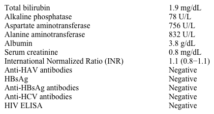 A 31-year-old man comes to the physician after experiencing a week of generalized weakness, decreased appetite, and nausea.  He is an intravenous drug user enrolled in a methadone program but has relapsed due to family problems.  The patient was hospitalized for aspiration pneumonia 2 years ago.  He does not use alcohol or prescription or over-the-counter medications.  The patient's temperature is 37.2 C (99 F) , blood pressure is 114/78 mm Hg, and pulse is 88/min.  Examination shows mild tenderness in the right upper quadrant.  Laboratory results are as follows:   Which of the following is most likely to indicate the diagnosis in this patient? A) Abdominal CT scan B) Antinuclear antibodies C) Hepatitis C RNA by polymerase chain reaction D) Monospot test E) Serum ferritin
