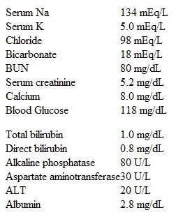 A 70-year-old white male with a history of hypertension, hypercholesterolemia, and degenerative joint disease presents to the office because of worsening fatigue, nausea, malaise, and bilateral pedal edema.  He also complains of a decreased appetite for the past six weeks.  Four weeks ago, he had an upper respiratory tract infection that resolved with over-the-counter medications.  He describes his degenerative joint disease as moderately severe, and for which, he has been taking ibuprofen for the past year.  His other daily medications for the past six years are metoprolol, hydrochlorothiazide, hydralazine, and simvastatin.  He has no known drug allergies.  He has a 50-pack-year history of smoking, and occasionally drinks alcohol.  His family history is significant for strokes.  His labs on this office visit show the following:   His urine analysis shows: 4+ protein, 0-1 RBC/HPF, 20-25 WBC/HPF, and a few granular casts.  His 24-hour urine protein is 7 g.  Ultrasound of the kidneys is unremarkable.  His antinuclear antibody titers are 1:40.  During his previous visit one year ago, the creatinine was 1.2.  Which of the following is the most likely cause of his presentation? A) Multiple myeloma B) Poststreptococcal glomerulonephritis C) Drug-induced lupus from hydralazine use D) Uncontrolled hypertension resulting in renal failure E) Analgesic-induced nephropathy