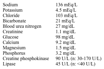 A 34-year-old man comes to the emergency department due to 2 weeks of abdominal discomfort, nausea, and vomiting.  Over the last 2 days, he has not been able  to keep anything down.   The patient is experiencing homelessness.  He has a history of alcohol use disorder and he has been admitted previously for acute pancreatitis, alcohol-related seizures, and aspiration pneumonia.  Blood pressure is 112/78 mm Hg while supine and 94/57 mm Hg while standing.  His pulse is 121/min, regular.  BMI is 16 kg/m<sup>2</sup>.  He looks disheveled and his mucous membranes are dry.  There is mild epigastric tenderness.  Initial laboratory values are the following:   He is treated with intravenous fluids, dextrose and thiamine solution, and folic acid supplementation.  On the second day of hospitalization, he develops severe weakness, saying  I can barely raise my arms!   Which of the following most likely accounts for his current symptoms? A) Hypocalcemia B) Hypoglycemia C) Hyponatremia D) Hypophosphatemia E) Metabolic acidosis
