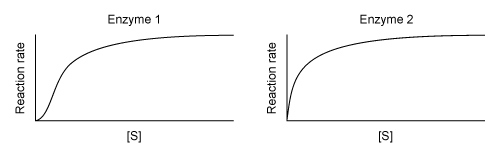 Researchers measured the activity of two enzymes that catalyze the same reaction, with results shown below. Which of the enzymes must have multiple active sites? A) Enzyme 1 only B) Enzyme 2 only C) Both enzymes D) Neither enzyme