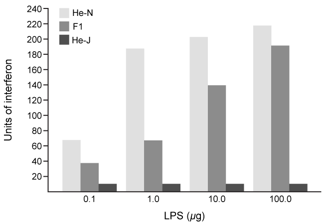 <strong>Passage Lipopolysaccharides (LPS) found in gram-negative bacterial cells can elicit a lethal degree of adjuvanticity, or immune activation, in LPS-responsive host organisms.  In mice, responses may be modulated by abnormalities in the toll-like receptor (TLR) encoded by the Tlr4 gene closely linked to coat color on Chromosome 4.  To investigate the effect of a particular Tlr4 mutation on LPS response, three experiments were performed following a cross between fully responsive He-N mice [tlr4(+)/tlr4(+)] and He-J mice homozygous for the mutation [tlr4(d)/tlr4(d)].Experiment 1Researchers isolated spleen cells for analysis of protein expression and LPS response.  In cells isolated from F1 mice, both wild-type and mutant TLRs were distinguishable by protein electrophoresis.  Following this first analysis, spleen cells from each cohort were exposed to 2 × 10<sup>5</sup> SRC, an antigen formed by sheep erythrocytes.  Cultures were then incubated in the presence or absence of Ph-LPS, with LPS extracted from Escherichia coli K345 cells using a phenol-water mixture.  Titers of anti-SRC antibody were recorded on incubation day 5, with the results shown in Table 1.<strong>Table 1</strong>  Mean anti-SRC titers with standard error   Experiment 2Serum samples were assayed for interferon production 2 hours post LPS injection.  Interferon was quantified using a plaque reduction assay on mouse cells challenged with vesicular stomatitis virus.   <strong>Figure 1</strong>  Average serum interferon levels in mice cohortsExperiment 3Mice were injected with varying doses of Ph-LPS and monitored for 4 days.  The lethal dose (LD<sub>50</sub>) was defined as the minimum dose causing death in 50% of injected mice.  Compared to He-N mice, results reflected a 10-fold increase in LD<sub>50</sub> for F1 mice and a 100-fold increase in LD<sub>50</sub> for He-J mice. Experimental results suggest that the mutated Tlr4 allele exhibits which quality?</strong> A)Codominance B)Recessivity C)Reduced penetrance D)Variable expressivity <div style=padding-top: 35px> 