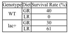 <strong>Passage The lac operon encodes the proteins that metabolize lactose and is a key biochemical feature that differentiates between members of the Enterobacteriaceae family.  For example, the severely virulent Salmonella typhimurium can be distinguished from its less virulent relative Escherichia coli by the absence of a lac operon.  Researchers propose that the evolutionary loss of the lac operon may contribute to S. typhimurium's ability to invade epithelial cells.To test the hypothesis, wild-type (WT) S. typhimurium cells were transformed with plasmids encoding components of the lac operon (Figure 1): β-galactosidase (lacZ<sup>+</sup>), lactose permease (lacY<sup>+</sup>), transacetylase (lacA<sup>+</sup>), or all three (lac<sup>+</sup>).  Each plasmid also contained genes for the lac repressor (lacI), which can inhibit lac operon transcription in the absence of lactose; the cAMP receptor protein (crp), which induces lac expression in low glucose; and a chloramphenicol resistance gene (cat).   <strong>Figure 1</strong>  Plasmid PYM-LACZYA (lac<sup>+</sup>), used to transform WT S. typhimurium.  Similar plasmids containing only one of the three lacZ, lacY, or lacA genes were also used.Virulence assays were performed in mice by inoculating with WT or lac<sup>+</sup> S. typhimurium.  The assays confirmed that lac<sup>+</sup> bacteria were less virulent than their WT counterparts, and that both WT and lac<sup>+</sup> bacteria were more virulent in the presence of glucose.  Subsequently, several genes related to invasion were analyzed for their expression levels in the presence or absence of lac plasmids (Table 1; Figure 2).<strong>Table 1</strong>  Transcription Levels of Invasion-Associated Genes in lac<sup>+</sup> S. typhimurium Relative to WT     <strong>Figure 2</strong>  Transcript concentrations of two S. typhimurium flagellar genes, fljB and fliC, in bacteria transformed with lacZ<sup>+</sup>, lacY<sup>+</sup>, lacA<sup>+</sup>, or lac<sup>+</sup> plasmids.  Concentrations are expressed as a percentage of WT levels. Adapted from Jiang L, Ni Z, Wang L, Feng L, Liu B. Loss of the lac operon contributes to Salmonella invasion of epithelial cells through derepression of flagellar synthesis. Curr Microbiol. 2015;70(3):315-23. Which table shows the expected survival rates of mice infected with WT or lac<sup>+</sup> S. typhimurium after being fed a glucose-rich (GR) or a lactose-rich (LR) diet for several weeks?</strong> A)   B)   C)   D)   <div style=padding-top: 35px> 