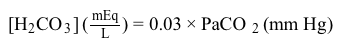Passage The bicarbonate (HCO<sub>3</sub><sup>−</sup>)  buffer system (Reaction 1)  helps to maintain acid-base homeostasis and a blood pH near 7.4.  Therefore, concentrations of carbon dioxide (CO<sub>2</sub>)  and HCO<sub>3</sub><sup>−</sup> must be tightly regulated through adaptations in respiratory and renal physiology.  For patients with suspected acid-base imbalance, these concentrations can be monitored by blood gas analysis performed on arterial or venous blood.    CO2g+H2Ol⇔carbonic anhydraseH2CO3aq⇔pKa=6.35HCO3-aq+H+aq<strong>Reaction 1</strong>In most automated blood gas analyzers, ionized hydrogen, CO<sub>2</sub>, and oxygen (O<sub>2</sub>)  in the sample diffuse through semipermeable membranes and are measured at separate electrodes (Figure 1) .  The pH-sensitive glass electrode (E1)  is separated from the blood sample by a membrane permeable to hydrogen ions. The sample pH is determined according to the voltage difference between E1 and a reference electrode maintained in a solution of standard pH.  CO<sub>2</sub> diffuses across a gas-permeable membrane to E2, where it reacts to generate HCO<sub>3</sub><sup>−</sup> and free hydrogen ions.  In a modification of the mechanism used in E1, partial pressure of CO<sub>2</sub> (PaCO<sub>2</sub>)  is calculated indirectly from the change in pH, as determined by the potential difference between E2 and its reference electrode.E3, also called the Clark electrode, is an electrochemical cell containing a silver anode and a platinum cathode.  O<sub>2</sub> diffuses through another gas-permeable membrane and reacts with hydrogen ions to form water.  The current measured at E3 is then used to calculate PaO<sub>2</sub> in the blood sample.    <strong>Figure 1</strong>  Automated blood gas analyzerThe concentration of carbonic acid (H<sub>2</sub>CO<sub>3</sub>) , reported in milliequivalents per liter (mEq/L) , can be calculated from PaCO<sub>2</sub> by Equation 1:    H2CO3mEqL=0.03×PaCO2mm Hg<strong>Equation 1</strong>Subsequently, using the concentration of H<sub>2</sub>CO<sub>3</sub> obtained from Equation 1, the HCO<sub>3</sub><sup>−</sup> concentration resulting from decomposition of carbonic acid can then be calculated by applying the Henderson-Hasselbalch equation. -In the Clark electrode, O<sub>2</sub> from the blood is: A) oxidized at the anode. B) oxidized at the cathode. C) reduced at the anode. D) reduced at the cathode.