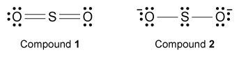 Passage Sulfur is the 10th most abundant element on Earth and is an essential element in biological systems. Sulfur can form a variety of chemical compounds and will react with nearly every element except Au, Pt, Ir, Te, and the noble gases. A list of several common inorganic compounds of sulfur is given in Table 1.<strong>Table 1</strong> Selected Common Inorganic Sulfur Compounds Reduction of elemental sulfur by bacteria during anaerobic digestion produces the toxic, foul-smelling gas H<sub>2</sub>S. Oxidation of elemental sulfur via combustion or volcanic processes yields gases of SO<sub>2</sub> and SO<sub>3</sub>. When dissolved in water, both SO<sub>2</sub> and SO<sub>3</sub> produce acidic solutions, and SO<sub>3</sub> reacts with water to form the acid H<sub>2</sub>SO<sub>4</sub>. Neutralization of H<sub>2</sub>SO<sub>4</sub> can provide a variety of salts, including Na<sub>2</sub>SO<sub>4</sub>.Elemental sulfur can also react with halogen gases to form sulfur halides such as the industrially important insulator gas SF<sub>6</sub> and the synthetic reagent S<sub>2</sub>Cl<sub>2</sub>. S<sub>2</sub>Cl<sub>2</sub> facilitates the formation of other sulfur compounds. For example, reacting S<sub>2</sub>Cl<sub>2</sub> with NH<sub>3</sub> produces the sulfur pnictide S<sub>4</sub>N<sub>4</sub>. -Which of the compounds shown below depicts a valid Lewis structure for sulfur dioxide? (Note: Assume that the bonding of each atom involves only s and p orbitals and follows the octet rule.) A) Compound <strong>1</strong> only B) Compound <strong>2</strong> only C) Both compounds D) Neither compound