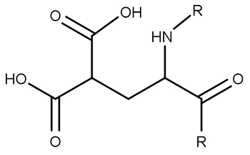 <strong>Passage Hemophilia B is a blood clotting disorder caused by a factor IX (FIX) deficiency.&nbsp; FIX is a 57-kDa, vitamin K-dependent protease that activates factor X, leading to the conversion of prothrombin to thrombin for propagation of the clotting cascade.&nbsp; Activated FIX has two major domains:&nbsp; a γ-carboxyglutamic acid domain and a serine protease domain.&nbsp; The γ-carboxyglutamic acid domain participates in the oxidation of vitamin K using metallic cofactors, as shown in Figure 1.   <strong>Figure 1</strong>&nbsp; Oxidation of vitamin KTo further analyze the γ-carboxyglutamic acid-rich domain of FIX, an analogous synthetic peptide composed of matching residues 1 through 49 on FIX was evaluated by proton nuclear magnetic resonance (NMR) spectroscopy.&nbsp; Analysis of the proton chemical shift before the addition of metal ions suggested that the synthetic peptide contained normal structural elements.&nbsp; Large chemical shifts were observed after the addition of calcium and beryllium, as shown in Figure 2.   <strong>Figure 2</strong>&nbsp; Results of NMR spectroscopy (tetramethylsilane [TMS] peak has been removed)The synthetic analog was then placed in solution with vitamin K hydroquinone and cofactors required for vitamin K oxidation.&nbsp; The oxidation products of vitamin K in Reactions 1 and 2 were collected and evaluated under high-performance liquid chromatography (HPLC) using hexane as the mobile phase.&nbsp; Analysis demonstrated cis and trans isomers of vitamin K<sub>1</sub> and a trans-epoxy vitamin K<sub>1</sub>, as shown in Figure 3.   <strong>Figure 3</strong>&nbsp; Results of HPLC separation Adapted from Freedman SJ, Furie BC, Furie B, Baleja JD. Structure of the metal-free gamma-carboxyglutamic acid-rich membrane binding region of factor IX by two-dimensional NMR spectroscopy. J Biol Chem. 1995. During the oxidation of vitamin K in Reaction 1, an amino acid residue is carboxylated and results in the following structure:   What was the most likely initial amino acid residue?</strong> A)Aspartic acid B)Asparagine C)Glutamine D)Glutamic acid <div style=padding-top: 35px> 