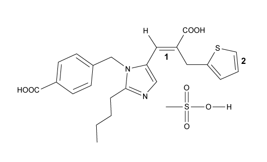 <strong>Passage High blood pressure, or hypertension, is a prevalent condition in the United States. One in three adults has hypertension, and approximately 20% do not know that they have it. If left untreated, high blood pressure can lead to major health issues, including stroke, heart attack, and kidney disease or failure. A number of drugs can help control hypertension, including those shown in Table 1. These drugs can be classified into different groups based on their mechanism of action.<strong>Table 1</strong> Drugs Used to Treat High Blood Pressure Labetalol (Figure 1) exists as four stereoisomers and is administered as a mixture of all four. This drug can be classified as a pseudohybrid drug because two of the isomers, (R,R) and (S,R), exhibit biological activity; the other two isomers, (S,S) and (R,S), are not active. The (R,R) isomer acts as a nonselective β-adrenergic receptor blocker, and the (S,R) isomer acts as a selective α-adrenergic receptor blocker. <strong>Figure 1</strong> Structure of (±)-labetalol and l-epinephrinel-epinephrine (Figure 1) is the agonist of the α- and β-adrenergic receptors. The structural motifs that allow l-epinephrine to bind to the adrenergic receptors include an amine separated from an aromatic ring by two carbon units, a hydroxyl group at a chiral center beta to the amine, and two hydroxyl groups on the aromatic ring in the meta and para positions. With a few structural modifications, the agonist l-epinephrine can be converted into the antagonist labetalol. Substitution of a hydroxyl on the aromatic ring with an amide group and extension of the methyl group on the amine transforms l-epinephrine into labetalol. These substitutions keep a majority of the structural motifs necessary for labetalol to mimic l-epinephrine and bind to the adrenergic receptors. The structure of eprosartan mesylate is shown below. Double bonds 1 and 2, respectively, can be classified as: </strong> A)E for double bond 1 and cis for double bond 2 B)E for double bond 1 and trans for double bond 2 C)Z for double bond 1 and cis for double bond 2 D)Z for double bond 1 and trans for double bond 2
