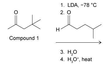 <strong>Passage Aldehydes are organic compounds encountered in everyday life and used as intermediates in metabolism.&nbsp; Common aldehydes include formaldehyde, which is used in the fixation of tissues, and cinnamaldehyde, which provides the flavor and smell of cinnamon (Figure 1).   <strong>Figure 1</strong>&nbsp; Common aldehydesThe aldol condensation shown in Figure 2 is an important carbon-carbon bond-forming reaction that has many applications in the synthesis of bioactive molecules.&nbsp; It also takes place in some metabolic processes, such as the citric acid cycle and gluconeogenesis.&nbsp; The aldol condensation begins with the aldol reaction, which can be acid- or base-catalyzed and requires nucleophilic addition to a carbonyl to provide the aldol product, which can be a β-hydroxy ketone or aldehyde.&nbsp; The final step of the aldol condensation consists of an acid- or base-catalyzed dehydration of the aldol product to yield an α,β-unsaturated ketone or aldehyde.   <strong>Figure 2</strong>&nbsp; General aldol reaction and condensationThe reverse of an aldol reaction or condensation is known as a retro-aldol, which is important in metabolism, most notably in glycolysis.&nbsp; This reaction breaks a carbon-carbon bond to form aldehydes and/or ketones.&nbsp; In glycolysis, fructose 1,6-bisphosphate is broken down into an aldehyde and a ketone, glyceraldehyde 3-phosphate (GAP) and dihydroxyacetone phosphate (DHAP), respectively (Figure 3).   <strong>Figure 3</strong>&nbsp; Retro-aldol in glycolysis Consider the reaction below.   Which of the following would be the kinetic product if compound 1 undergoes an aldol condensation as described in Figure 2?</strong> A)   B)   C)   D)   <div style=padding-top: 35px> 