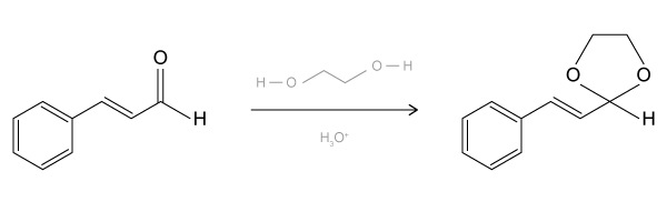 <strong>Passage Aldehydes are organic compounds encountered in everyday life and used as intermediates in metabolism. Common aldehydes include formaldehyde, which is used in the fixation of tissues, and cinnamaldehyde, which provides the flavor and smell of cinnamon (Figure 1). <strong>Figure 1</strong> Common aldehydesThe aldol condensation shown in Figure 2 is an important carbon-carbon bond-forming reaction that has many applications in the synthesis of bioactive molecules. It also takes place in some metabolic processes, such as the citric acid cycle and gluconeogenesis. The aldol condensation begins with the aldol reaction, which can be acid- or base-catalyzed and requires nucleophilic addition to a carbonyl to provide the aldol product, which can be a β-hydroxy ketone or aldehyde. The final step of the aldol condensation consists of an acid- or base-catalyzed dehydration of the aldol product to yield an α,β-unsaturated ketone or aldehyde. <strong>Figure 2</strong> General aldol reaction and condensationThe reverse of an aldol reaction or condensation is known as a retro-aldol, which is important in metabolism, most notably in glycolysis. This reaction breaks a carbon-carbon bond to form aldehydes and/or ketones. In glycolysis, fructose 1,6-bisphosphate is broken down into an aldehyde and a ketone, glyceraldehyde 3-phosphate (GAP) and dihydroxyacetone phosphate (DHAP), respectively (Figure 3). <strong>Figure 3</strong> Retro-aldol in glycolysis In some synthesis reactions, the carbonyl functional group needs to be protected from nucleophilic attack. The reaction below of cinnamaldehyde with ethylene glycol shows the formation of which carbonyl-protecting group? </strong> A)Acetal B)Hemiacetal C)Ketal D)Hemiketal