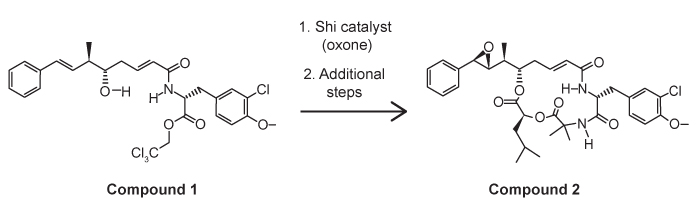 <strong>Passage The cryptophycins, isolated from cyanobacteria, are a family of macrocyclic molecules.&nbsp; Researchers have studied the biological activity of these compounds and found that many of them are active against multi-drug-resistant tumor cells.Cryptophycin-52, an analogue of the natural cryptophycins, has been tested in clinical trials for its efficacy against cancer cells, but the studies were suspended due to neurotoxic side effects.&nbsp; Nevertheless, the synthesis of similar analogues continues to be of interest in cancer research.&nbsp; A key step in the synthesis of cryptophycin-52 is the stereospecific formation of an epoxide from an alkene and oxone (Figure 1), which can be facilitated by the Shi catalyst.&nbsp; The Shi catalyst (Figure 2) is derived from the carbohydrate D-fructose and is known among organic chemists for its ability to form epoxides in hydrocarbons in a stereospecific manner.   <strong>Figure 1</strong>&nbsp; Shi epoxidation of compound 1   <strong>Figure 2</strong>&nbsp; Structure of the Shi catalystThe epoxidation of compound 1 was monitored by thin-layer chromatography (TLC).&nbsp; When the reaction was completed, high-performance liquid chromatography (HPLC) was used to analyze the epoxide product.&nbsp; A chiral column that had an affinity for the desired epoxide was used.&nbsp; A standard of the desired epoxide was obtained to optimize the conditions and determine the retention time of the epoxide.&nbsp; The HPLC chromatogram of the epoxide standard is shown in Figure 3.   <strong>Figure 3</strong>&nbsp; HPLC of epoxide standard Adapted from Weiß C, Bogner T, Sammet B, Sewald N. Total synthesis and biological evaluation of fluorinated cryptophycins. Beilstein J Org Chem. 2012. After isolation of compound 1, an infrared spectrum was obtained.&nbsp; The spectrum gives all of the following information EXCEPT:</strong> A)the spin-spin splitting of atoms in a compound. B)the signals corresponding to stretching vibrations and rotations. C)the amount of light absorbed at a certain frequency. D)the relative amount of energy needed to stretch a bond. <div style=padding-top: 35px> 