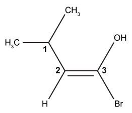 <strong>Researchers want to synthesize valine from isovaleric acid.&nbsp; The enol shown below, with certain carbon atoms labeled, is formed from the reaction of isovaleric acid with PBr<sub>3</sub>.   If Br<sub>2</sub> and then water are added to the enol, which of the following carbon atoms will be brominated in the final product?</strong> A)Carbons 1 and 2 only B)Carbon 2 only C)Carbons 1 and 3 only D)Carbon 3 only <div style=padding-top: 35px> 