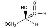 Passage Solid-phase peptide synthesis is normally carried out on a resin bathed multiple times in dimethylformamide (DMF) -a toxic, polar, aprotic solvent-which poses an environmental problem because a large amount of toxic solvent waste is created. Cyclic carbonates such as propylene carbonate (PC) and ethylene carbonate (EC) are nontoxic, polar, aprotic solvents that could be used as an alternative to DMF.Compounds <strong>1</strong> and <strong>2</strong> are modified L-amino acids. They were coupled to form Compound <strong>3</strong>, a dipeptide, which was then deprotected to yield Compound <strong>4</strong> (Figure 1) . <strong>Figure 1</strong> Synthesis of Compound <strong>4</strong>To determine the effect that solvent type and temperature have on the synthesis of this peptide, the nontoxic solvents PC and EC as well as the toxic solvent DMF were each used in separate syntheses of Compound <strong>4</strong> at different temperatures. The reaction solvent was also used to rinse the resin. Table 1 shows the results of these syntheses.<strong>Table 1</strong> Results from the Synthesis of Compound <strong>4</strong> The successful synthesis of Compound <strong>4</strong> using nontoxic solvents encouraged researchers to pursue the synthesis of a larger, biologically active peptide. Bradykinin, a vasodilator containing nine amino acids (Arg-Pro-Pro-Gly-Phe-Ser-Pro-Phe-Arg) , was synthesized using the same solid-state peptide synthesis protocol used to synthesize Compound <strong>4</strong>. Separate syntheses were done using either DMF or PC, and the purity of bradykinin from each synthesis was analyzed by high-performance liquid chromatography (HPLC) (Figure 2) .In each chromatogram, peak 1 has the same retention time as commercially obtained bradykinin, and the other peaks correspond to impurities. In chromatogram A, the impurity has a similar retention time to the product peak whereas the impurity peaks in chromatogram B have distinct retention times compared to the product peak. <strong>Figure 2</strong> HPLC of synthetic bradykinin: (A) synthesis in DMF; (B) synthesis in PC Adapted from S. B. Lawrenson et al., The greening of peptide synthesis. Green Chem. ©2017 The Royal Society of Chemistry. -The L designation of the amino acids used in peptide synthesis is based on the absolute configuration of L-glyceraldehyde. What is the structure of L-glyceraldehyde? A) B) C) D)