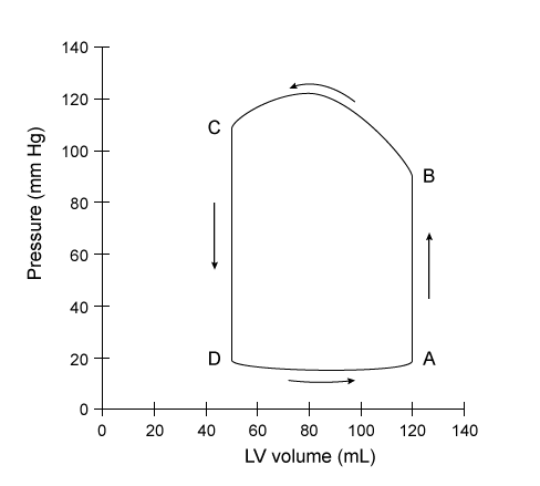 Passage In the event of end-stage heart failure, a left ventricular assist device (LVAD)  can be used as a heart transplant bridge to keep a patient alive.  The first iterations of LVADs were pulsatile and mimicked the physiological pumping action of the heart (Figure 1) .    <strong>Figure 1</strong>  A pulsatile-flow LVAD schematicA pulsatile-flow LVAD assists ventricular systole by mechanically pumping blood from a weakened left ventricle into the aorta through a pair of one-way valves.  The pressure differential ΔP generated by the pump is related to cardiac output (CO)  and vascular resistance (VR) :ΔP = CO × VR<strong>Equation 1</strong>The efficiency and performance of the heart (or LVAD)  can be determined by the patient's cardiac pressure-volume (PV)  loop.  A cardiac PV loop plots the pressure and volume of the blood in the left ventricle throughout a single cardiac cycle (Figure 2) .    <strong>Figure 2</strong>  Cardiac PV Loop of a pulsatile-flow LVADBlood pressure is often represented by only two numbers:  arterial systolic and diastolic pressures.  A more detailed representation of blood pressures is shown in a blood pressure profile, which graphs the blood pressure throughout the length of the different vessel groups (Figure 3) .  Multiple pressure fluctuations are shown within a vessel because the pressure is traced across multiple cardiac cycles.    <strong>Figure 3</strong>  Blood pressure profile of the different vessels -  In the above figure, an LVAD pump is placed at one end of a  U -shaped container, and a force gauge is placed at the other end.  If the container is filled with an incompressible fluid, what is the ratio of the force measured by the force gauge to the force exerted by the LVAD? A) 1:4 B) 1:2 C) 1:1 D) 4:1